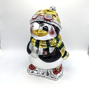Vintage 2005 Allure Christmas Penguin Cookie Jar Metallic Silver Gold Mirrored